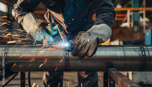 Industrial Welder Joining Metal Beams with Protective Gloves Creating Brilliant Orange Sparks in Manufacturing Workshop