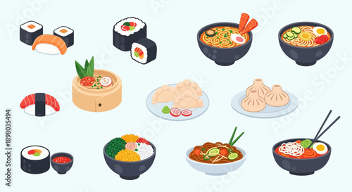 Koleksi Ilustrasi Makanan Asia: Sushi, Ramen, Dim Sum, dan Hidangan Populer Lainnya