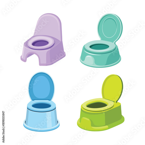 Cute baby potty chair collection for toddler toilet training flat vector