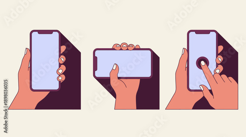 Mobile Phone Usage Set: Hands Holding Blank Smartphone Screen in Portrait and Landscape, Tapping Interaction Illustration