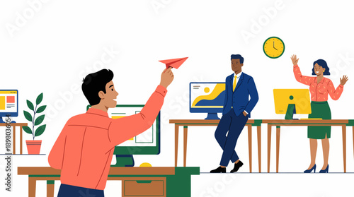 Diverse Business Team Launching Startup Idea Paper Airplane. Corporate Innovation, Success, and Creative Communication Workflow.