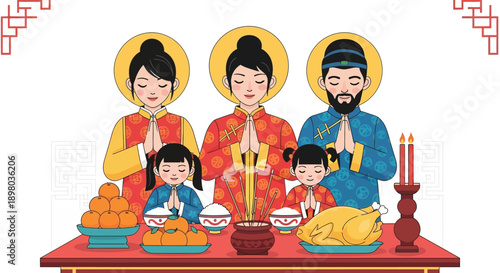 A family of five, two adults and three children, in traditional attire, performing a cultural or religious ceremony with offerings on a table.