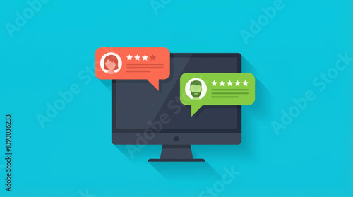 Online Customer Reviews and Testimonials Vector Illustration. User Feedback Rating System displayed on a Desktop Monitor in Flat Design Style.