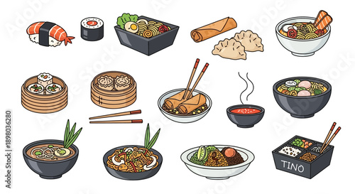 Koleksi Ilustrasi Makanan Asia: Sushi, Ramen, Dim Sum, dan Hidangan Populer Lainnya