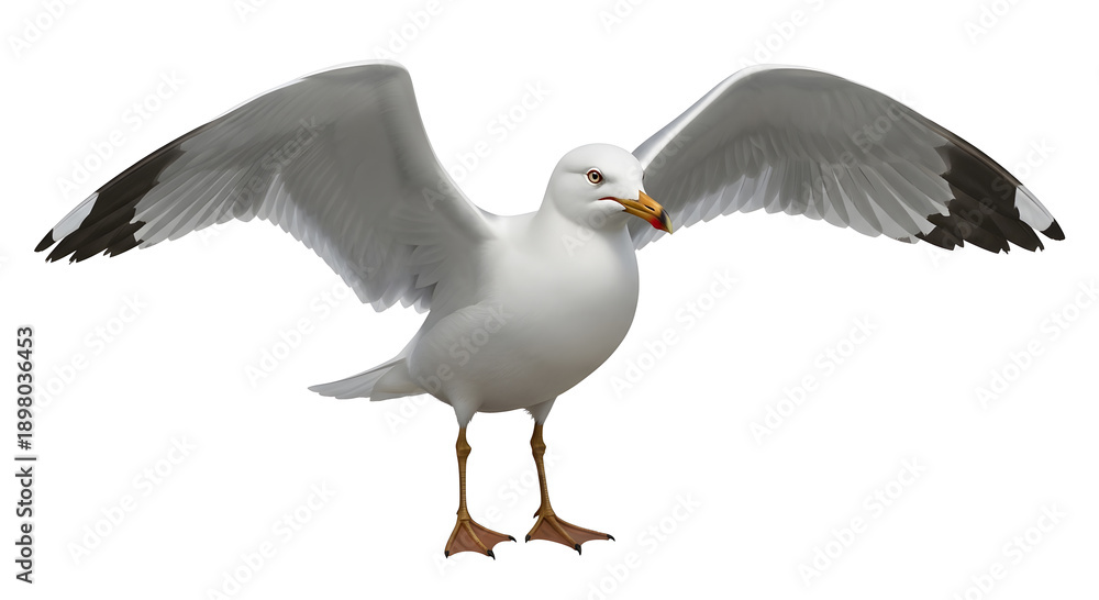 Fototapeta premium Lifelike goeland bird in flight or perched, clean white background for wildlife, travel and environmental visuals.