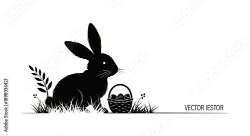 Black Easter Bunny Silhouette with Basket in Grass Vector Illustration