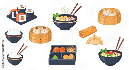Koleksi Ilustrasi Makanan Asia: Sushi, Ramen, Dim Sum, dan Hidangan Populer Lainnya
