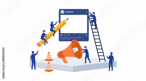 Social Media Marketing Team Working on Online Profile Optimization. Content Strategy, Digital Management, and SEO Flat Vector Illustration.