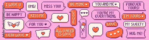 Pixel art speech bubbles with Happy Valentine Day phrases.
