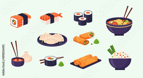 Koleksi Ilustrasi Makanan Asia: Sushi, Ramen, Dim Sum, dan Hidangan Populer Lainnya
