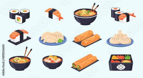 Koleksi Ilustrasi Makanan Asia: Sushi, Ramen, Dim Sum, dan Hidangan Populer Lainnya