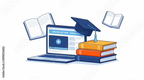 Online Education and E-learning Concept Vector. Laptop, Graduation Cap, and Stack of Books for Distance Learning and Academic Success.