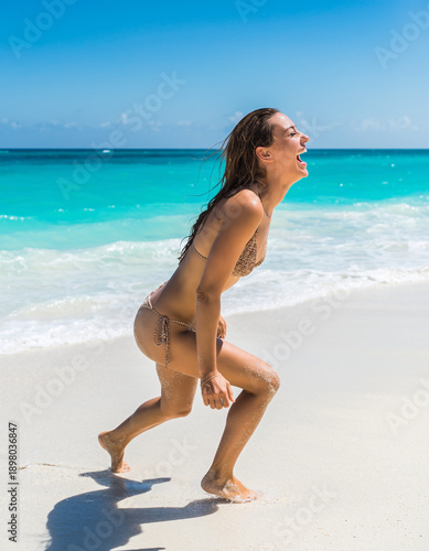 Joyful woman sprinting barefoot across crystalline Caribbean beach with turquoise waters and brilliant sunshine