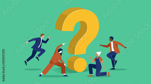 Diverse Team Collaborating Around a Giant Question Mark, Searching for Business Solutions, Answers, Strategy, and Critical Information.