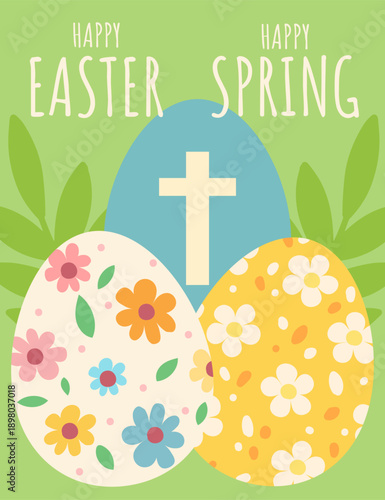 Easter greeting card with flowers decorated eggs and minimal typography. Elegant spring design for seasonal greetings, posters, invitations and social media content