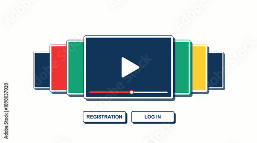 Streaming Video Content Platform Interface Concept with Login and Registration Buttons. Digital Paywall and Content Library Vector Illustration.