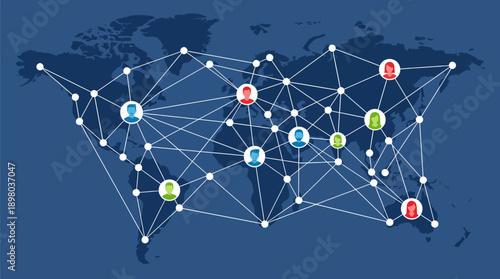 Worldwide Social Network Map. Global People Connections, Internet Communication, and Distributed Data Grid Illustration over World Map.
