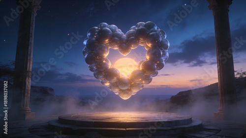 Photorealistic night sky with heart-shaped balloons softly illuminated from inside, dark blue gradient, stars and light mist. Deep cinematic scene with magical romantic atmosphere