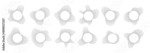 Circular sound visualization with radial wave line pattern vector set. Abstract audio spectrum ring geometric burst shape. Music equalizer graphics with concentric line elements for modern design.