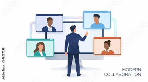 Virtual Business Meeting and Remote Team Collaboration on Screen. Professional Man Leads Video Conference Webinar.