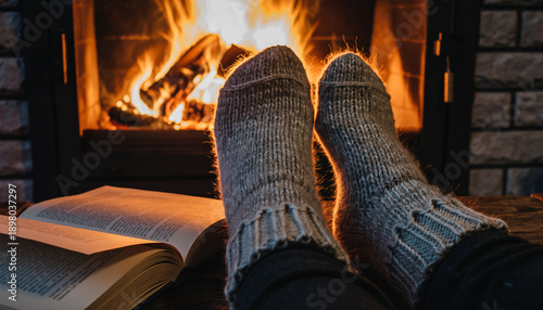 Cozy Evening Retreat with Thick Knitted Socks Warming by Glowing Fireplace and Open Book