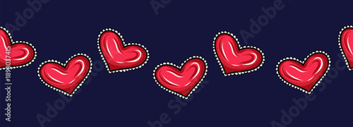 Glossy red hearts with decorative stitched outline. Seamless vector border. Cute romantic illustration for Valentine designs, cards, textiles, wrapping, and wallpapers, stationery