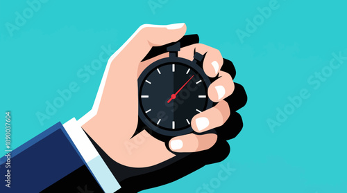 Hand Holding Stopwatch Illustration: Time Management, Urgency, Business Deadline, and Speed Measurement Concept on Teal Background.