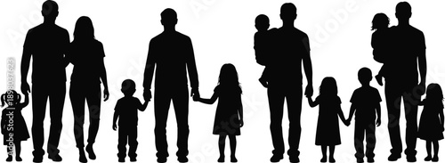 Family silhouettes walking together holding children isolated on white background, parenthood togetherness concept for love, care, lifestyle, illustration, design