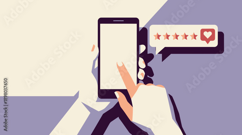 Five Star Rating on Mobile Phone Screen. Customer Feedback, Review, and Social Media Engagement Concept Illustration in Minimalist Style.