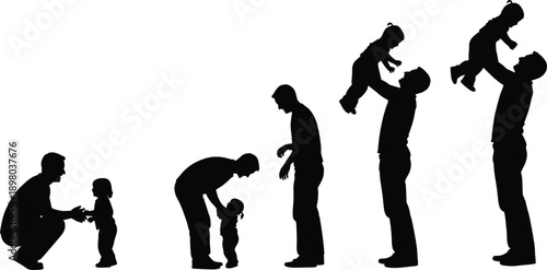 Father and baby silhouettes showing growth stages isolated on white background, parenthood bonding concept for family, love, care, lifestyle illustration