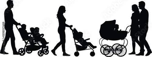 Family with baby stroller silhouettes showing parents walking childcare parenting lifestyle concept isolated vector illustration on white background
