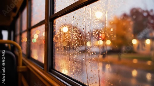 View of rainy street through a school bus window with raindrops on it