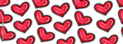 Glossy red hearts with decorative stitched outline. Seamless vector border. Cute romantic illustration for Valentine designs, cards, textiles, wrapping, and wallpapers, stationery