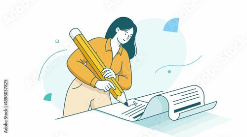 Woman Signing Business Contract or Official Document with Huge Pencil. Agreement, Authorship, and Documentation Concept. Vector Illustration.