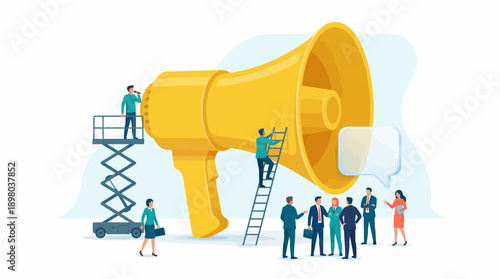 Digital Marketing Team Announcing Major News Through Giant Megaphone. Business Communication, Promotion, and Public Relations Strategy.