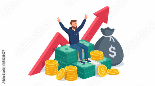 Financial Success and Profit Growth: Cheerful Man Sitting on Huge Money Stack with Upward Red Arrow. Investment and Wealth Accumulation Isometric Vector.