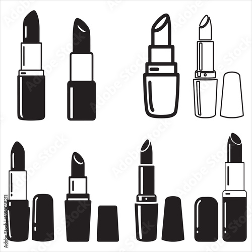 Collection of black and white lipstick icons in various orientations and styles  cosmetic products for makeup and beauty