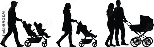 Parents with baby stroller silhouettes showing family walking childcare parenting concept isolated vector illustration on white background