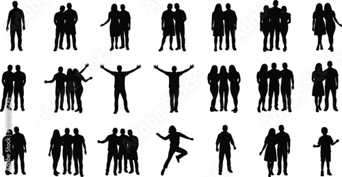 People group silhouettes collection showing couples friends standing walking celebrating poses isolated vector illustration on white background