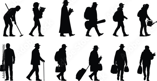 People silhouettes walking with tools bags and equipment isolated on white background, daily work lifestyle concept for professions, labor, illustration, design