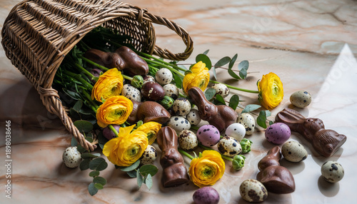 Overflowing rustic wicker basket spills vibrant yellow ranunculus flowers chocolate bunnies and speckled quail eggs across weathered wood