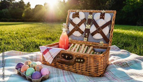 Elegant wicker picnic hamper filled with gourmet sandwiches and refreshments on sunny meadow blanket