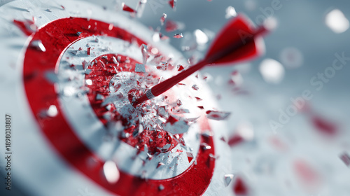 Impact of Red Arrow Hitting the Bullseye of a Target, Causing Shattering Debris and Fragments Flying Away