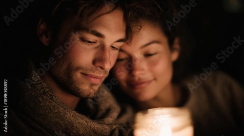 Young couple sitting close together, looking at each other with a peaceful expression on their faces.