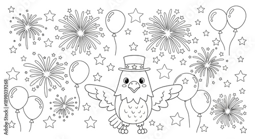 Joyful Patriotic Eagle Coloring Page with Exploding Fireworks and Balloons for Festive Celebrations. A delightful outline drawing perfect for holiday fun and creative activity
