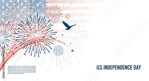 Festive Vector Background Depicting National Independence Day Celebration with Exploding Fireworks, a Majestic Eagle, and Stylized Flag Motifs