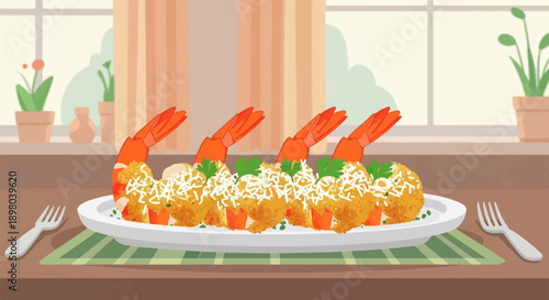 Plated breaded shrimp with cheese and parsley, ready to eat