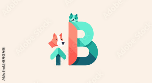 Playful graphic with stylized letter B and dogs, ascending arrow