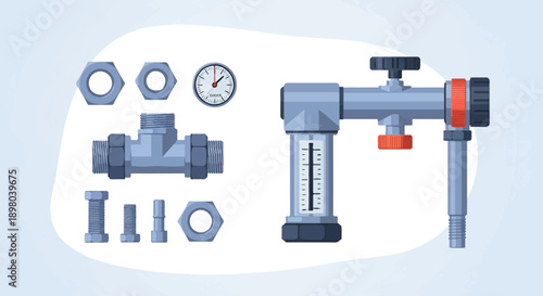 Plumbing components and a pressure gauge on a white background