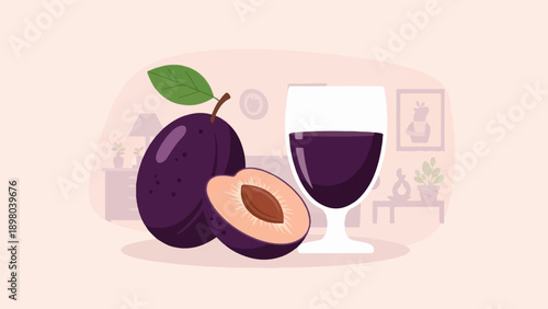 Plums and a glass of purple liquid on a table
